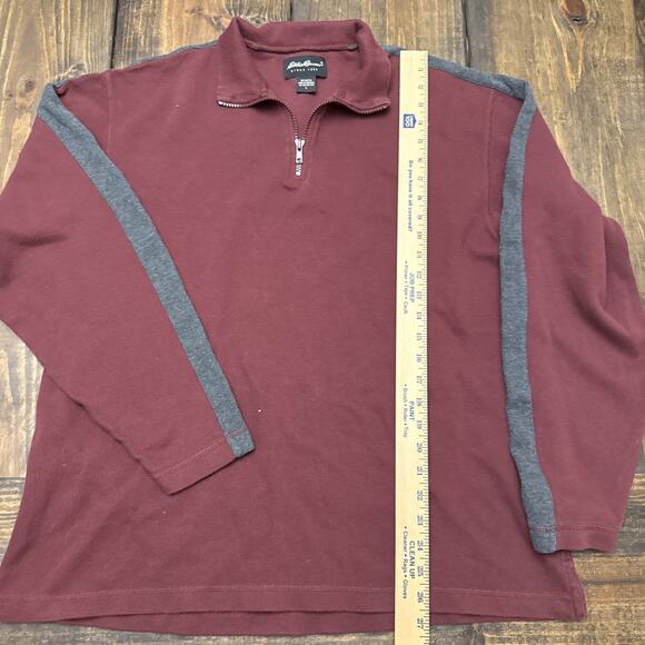 Men’s Large Eddie Bauer Maroon 1/4 Zip Pullover Sweater, Grey Accents, Cotton - Picture 2 of 5